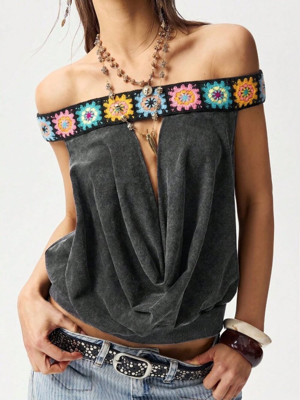 Grey Casual Women's Washed Knit T-Shirt With Braid Trim